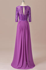 Purple Lace Round Neck Keyhole Back Long Mother of the Bride Dress