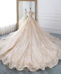 Champagne Off Shoulder Tulle Lace Long Wedding Dress, Wedding Gown