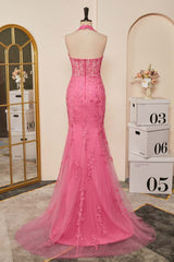 Pink Plunging Halter Appliques Mermaid Long Prom Dress with Slit