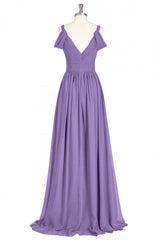 Lavender Cold-Shoulder Banded Waist Long Bridesmaid Dress