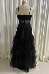 Black Prom Dress, Elegant A-line Layered Tulle Prom Dresses,Sheer Corset Long Evening Dress