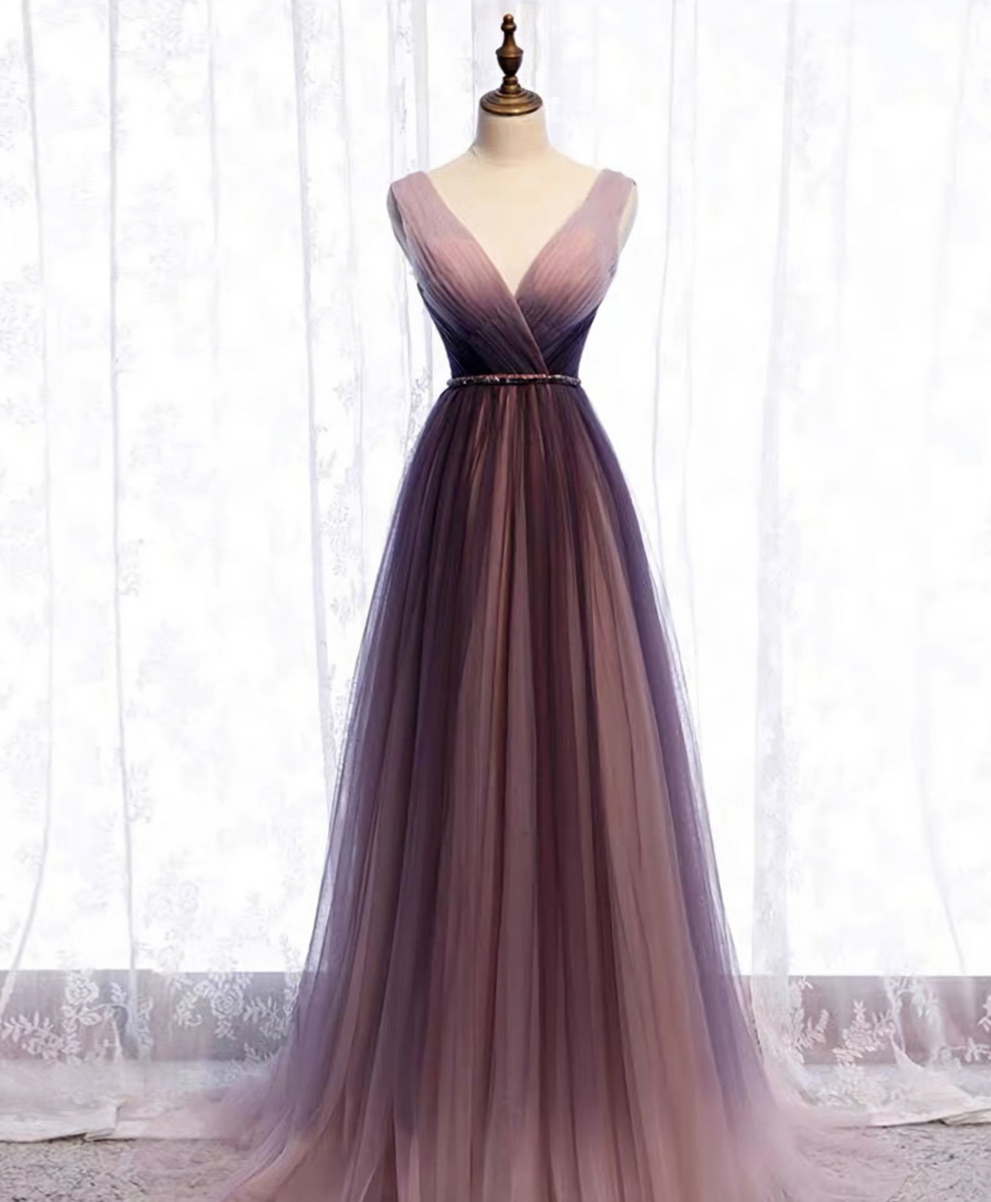 Simple V Neck Tulle Long Prom Dress, Tulle Evening Dress