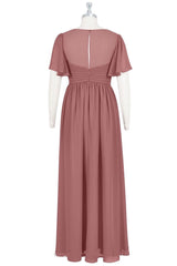 Brown V-Neck High-Waist Long Maternity Bridesmaid Dress