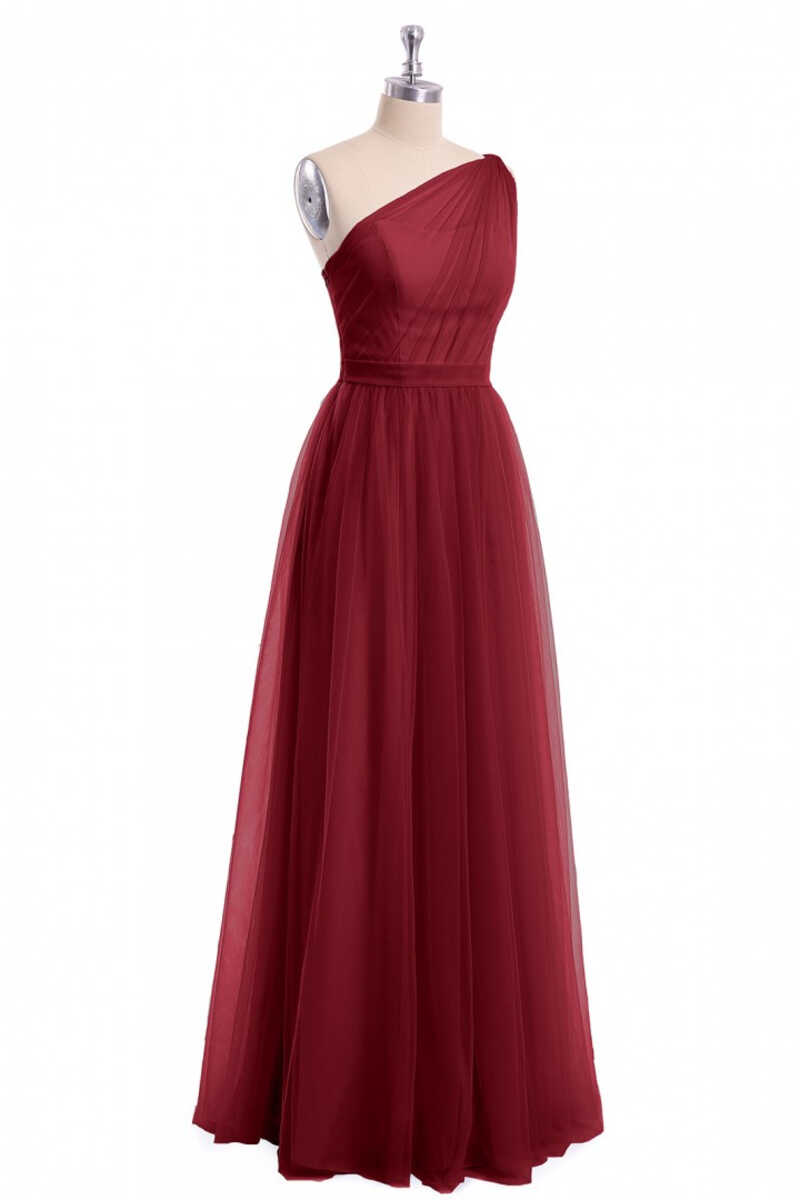 Wine Red Tulle One-Shoulder A-Line Bridesmaid Dress