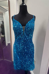 Blue Plunging V Neck Lace-Up Sequins Sheath Homecoming Dress