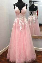 Elegant V Neck Lace-Up Back Pink Long Prom Dress with Appliques