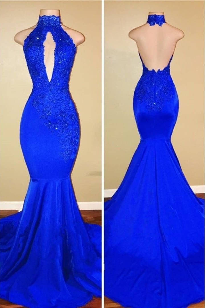 Elegant Mermaid High Neck Royal Blue Long Prom Dress