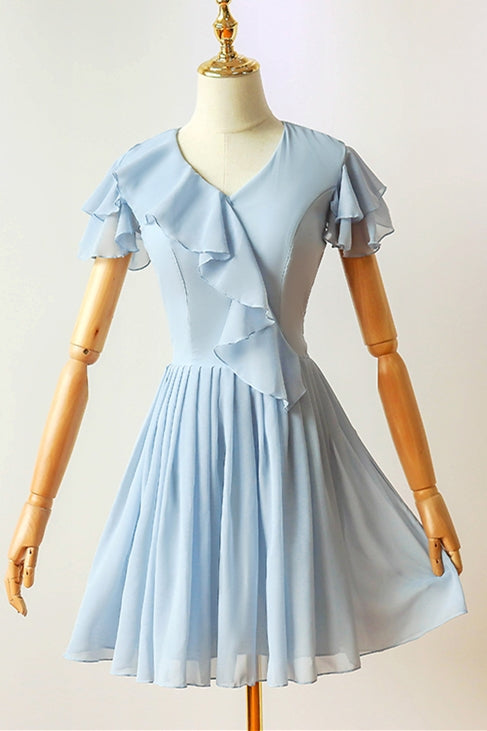 Flutter Sleeves Blue Chiffon Short Homecoming Dress