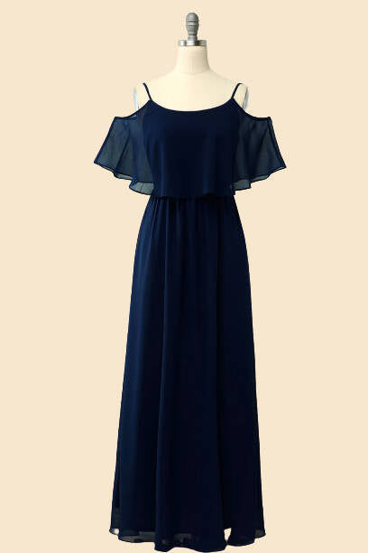 Off The Shoulder Navy Blue Long Bridesmaid Dress