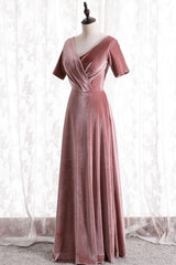 Blush Velvet Long Party Dress with Short Sleeves