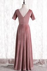 Blush Velvet Long Party Dress with Short Sleeves