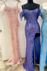 Sequin Feather Cold-Shoulder Mermaid Long Prom Dress with Slit