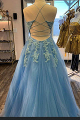 Blue Tulle Appliques Lace-Up Back A-Line Prom Dress