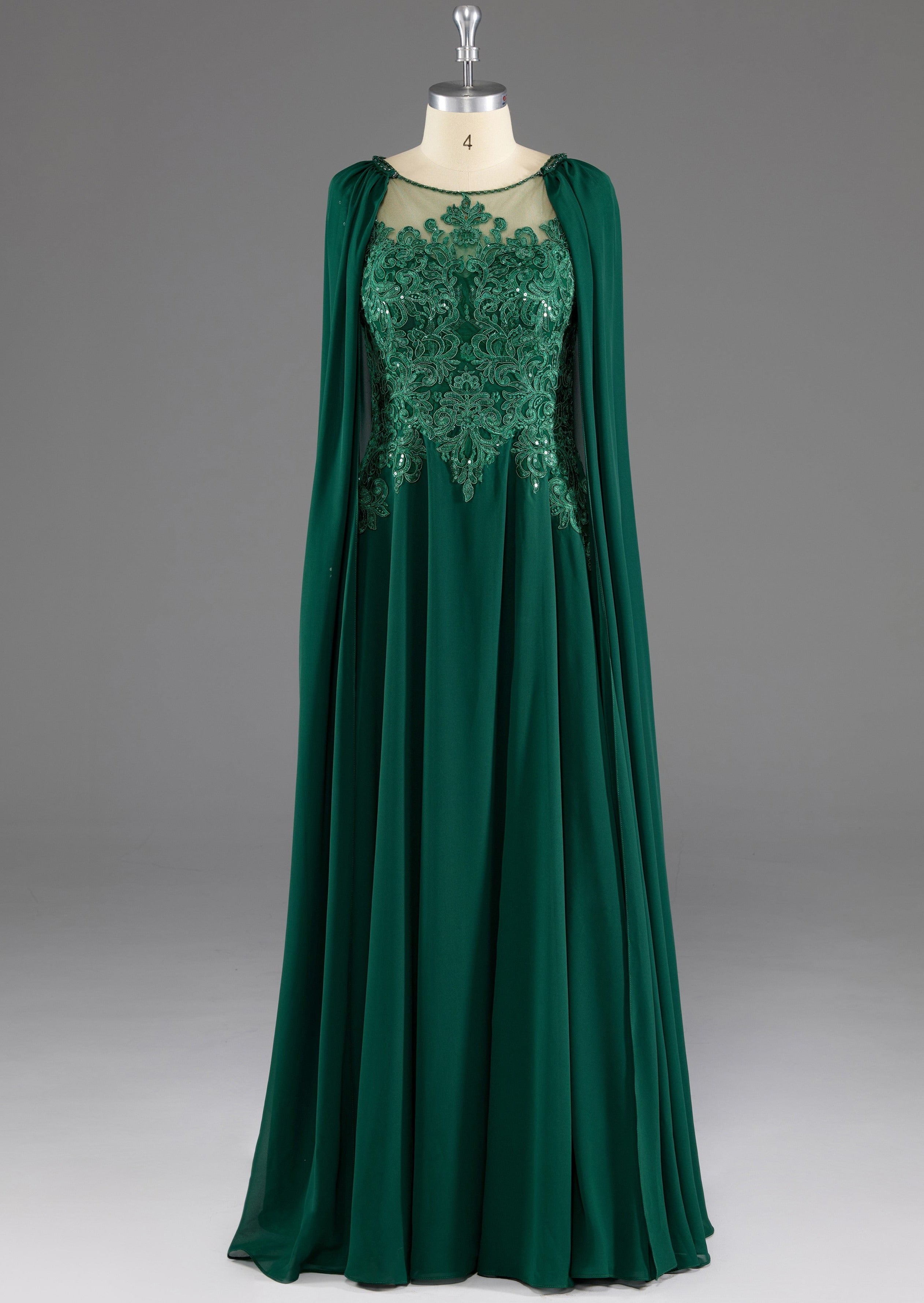 Dark Green A-Line Lace Appliques Chiffon Prom Dress