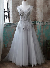 Grey V-Neckline Tulle With Lace Long Formal Dress, Grey A-Line Prom Dress