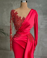 Gorgeous Red Long Sleeve Mermaid Evening Dress Lace Appliques Prom Gown Ruffles