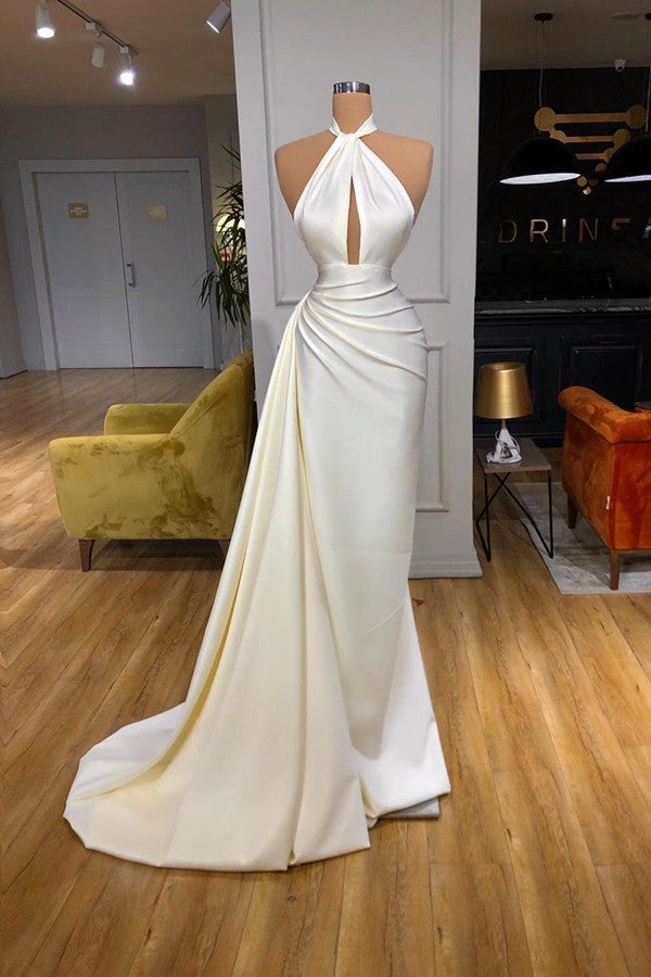 Ivory Halter Long Evening Prom Dress With Split Detachable Train