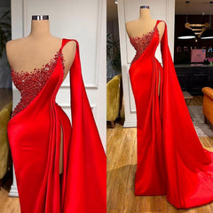 Unique Red Stones Sleeveless High split mermaid Evening Dress