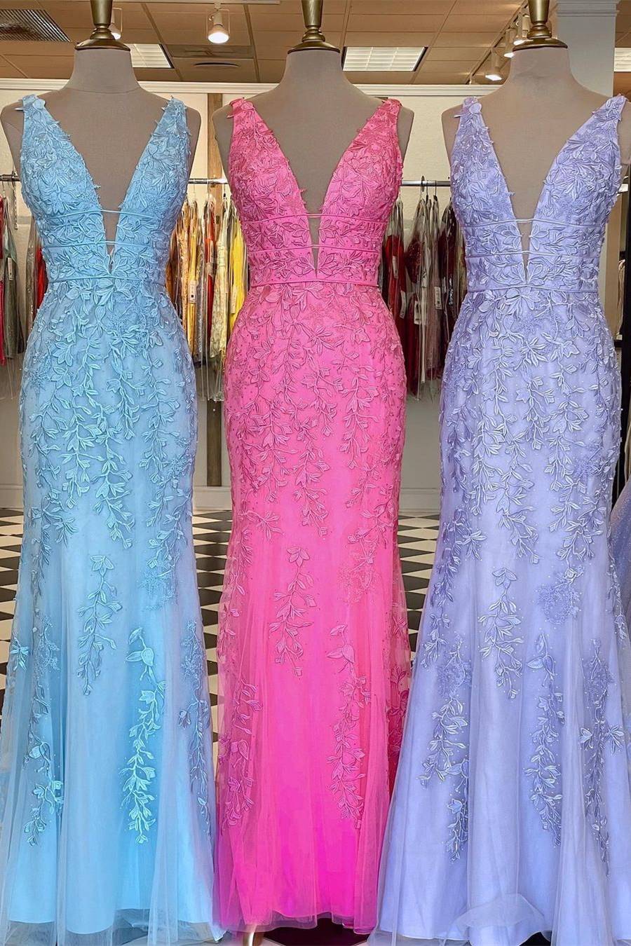 Plunge V Neck Lace Appliques Long Prom Dress