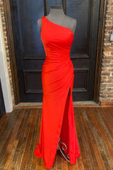 One Shoulder Red Mermaid Long Prom Dress with Slit