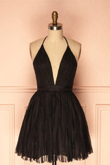 Deep V Neck Short Black Tulle Homecoming Dress