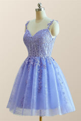 Straps Periwinkle Lace Appliques A-line Short Dress