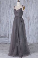 Elegant Grey Long Tulle Bridesmaid Dress with Keyhole Back