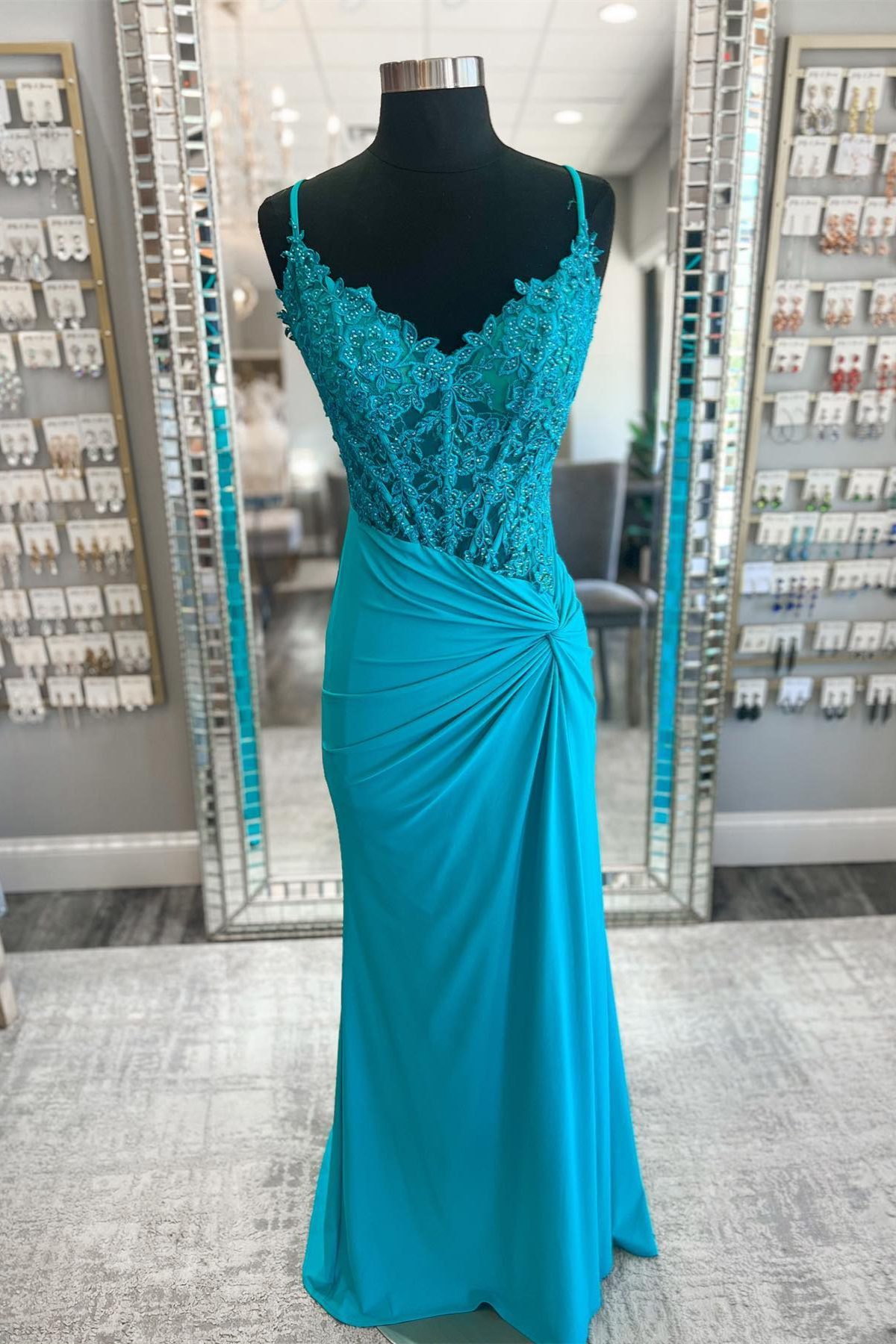 Jade Appliques Straps Twist Knot Mermaid Satin Long Prom Dress