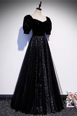 Modest Sparkly Black Long A-line Prom Dresses With Sleeves Evening Gowns