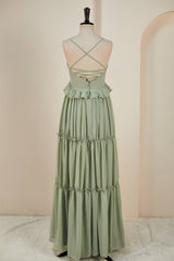 Sage Lace-Up Deep V Neck Ruffled Empire Long Prom Dress