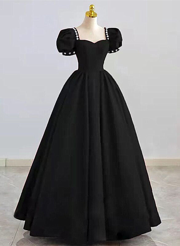 Black Sweetheart Short Sleeves Beaded Party Dress, A-Line Black Satin Prom Dress