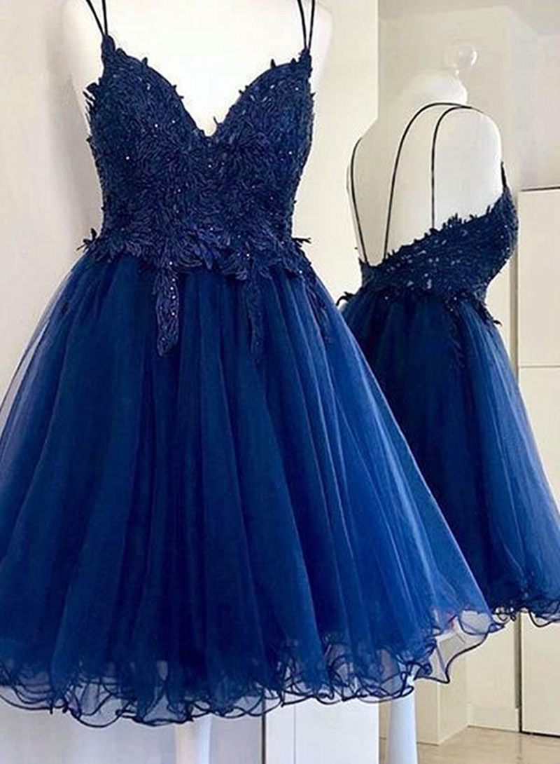 Dark Blue V Neck Short Prom Dress With Beads Appliques,Blue Homecoming Dress