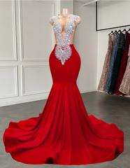 Elegant Sheer Scoop Neckline Luxury Sparkly Silver Handmade Diamond Red Spandex Black Girl Mermaid Long Prom Dresses