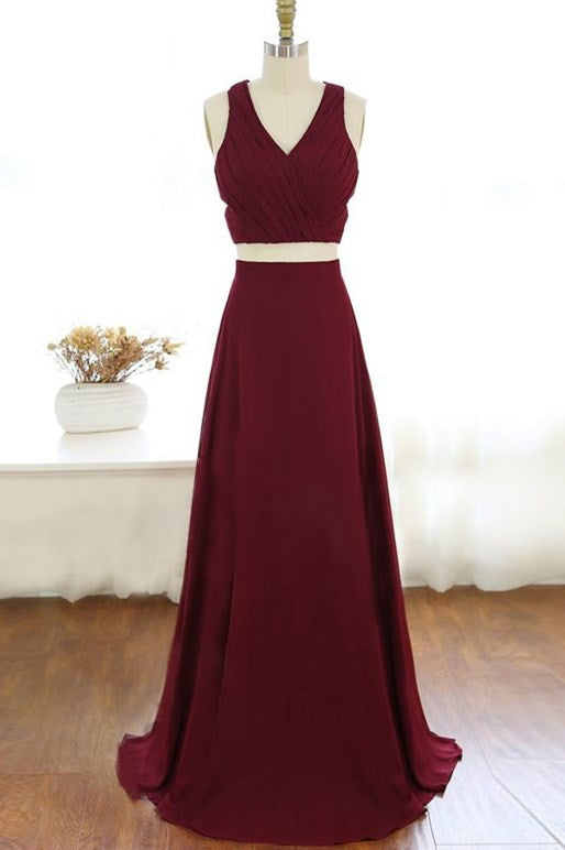 Two Piece V Neck Long Burgundy Chiffon Prom Dress Evening Dress