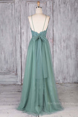 A Line Backless Lace Green Long Prom Dresses, Backless Green Lace Formal Graduation Evening Dresses