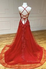 A Line Backless Red Lace Long Prom Dress, Long Red Lace Formal Dress, Red Evening Dress