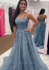 A Line Bateau Court Train Tulle Glitter Prom Dress With Appliqued Beading