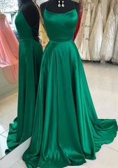 A Line Bateau Spaghetti Straps Sweep Train Charmeuse Prom Dress