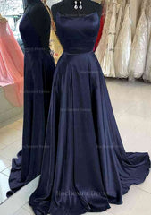 A Line Bateau Spaghetti Straps Sweep Train Charmeuse Prom Dress