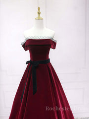 A-Line Burgundy Long Prom Dresses, Burgundy Formal Evening Dresses