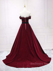 A-Line Burgundy Long Prom Dresses, Burgundy Formal Evening Dresses