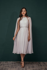 A-Line Crew Tea Length Chiffon Beaded Waist Mother of The Bride Dresses