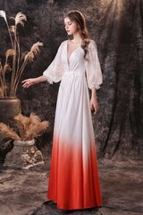 A Line Deep V-Neck Long Sleeve Ombre Silk Like Floor Length Prom Dresses