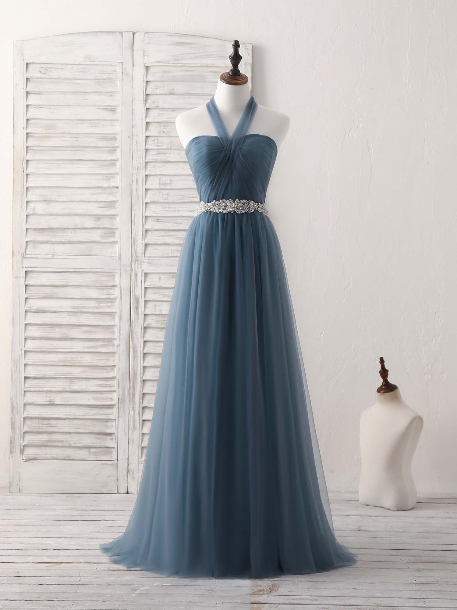 A-Line Gray Blue Tulle Long Bridesmaid Dress Gray Blue Prom Dress