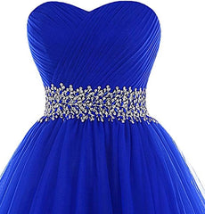 A Line Homecoming Dresses,Sweetheart Short Tulle Beaded Waist Royal Blue Cocktail Dress