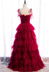 A-Line Long Spaghetti Strap Red Prom Dresses,Black Layers Tulle Evening Dress