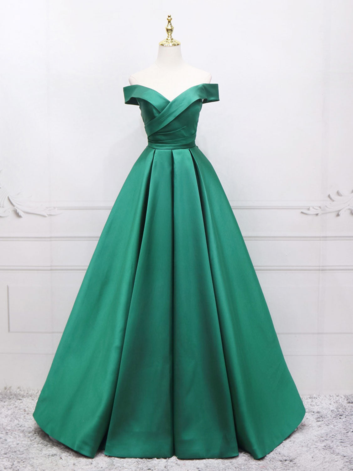 A-Line Off Shoulder Green Satin Long Prom Dresses, Green Evening Dresses