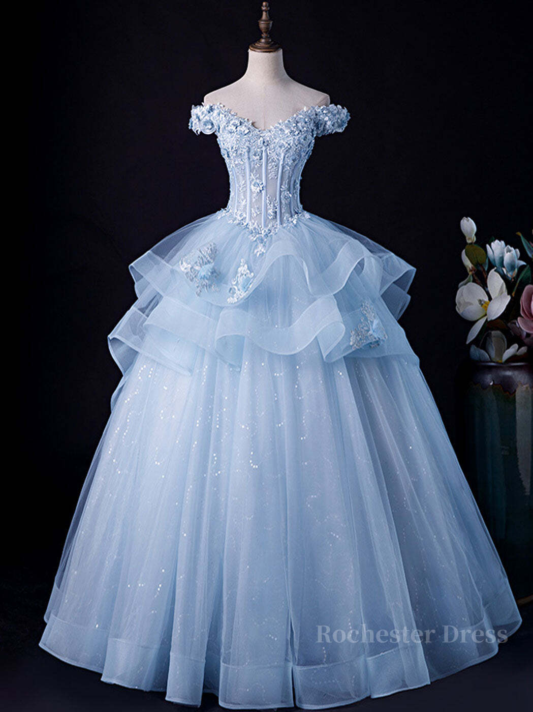 A-Line Off Shoulder Lace Tulle Blue Long Prom Dress, Blue Sweet 16 Dress