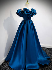 A-Line Off Shoulder Satin Blue Long Prom Dress, Blue Evening Dresses