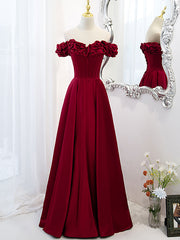 A-Line Off Shoulder Satin Burgundy Long Prom Dress, Satin Burgundy Evening Dress